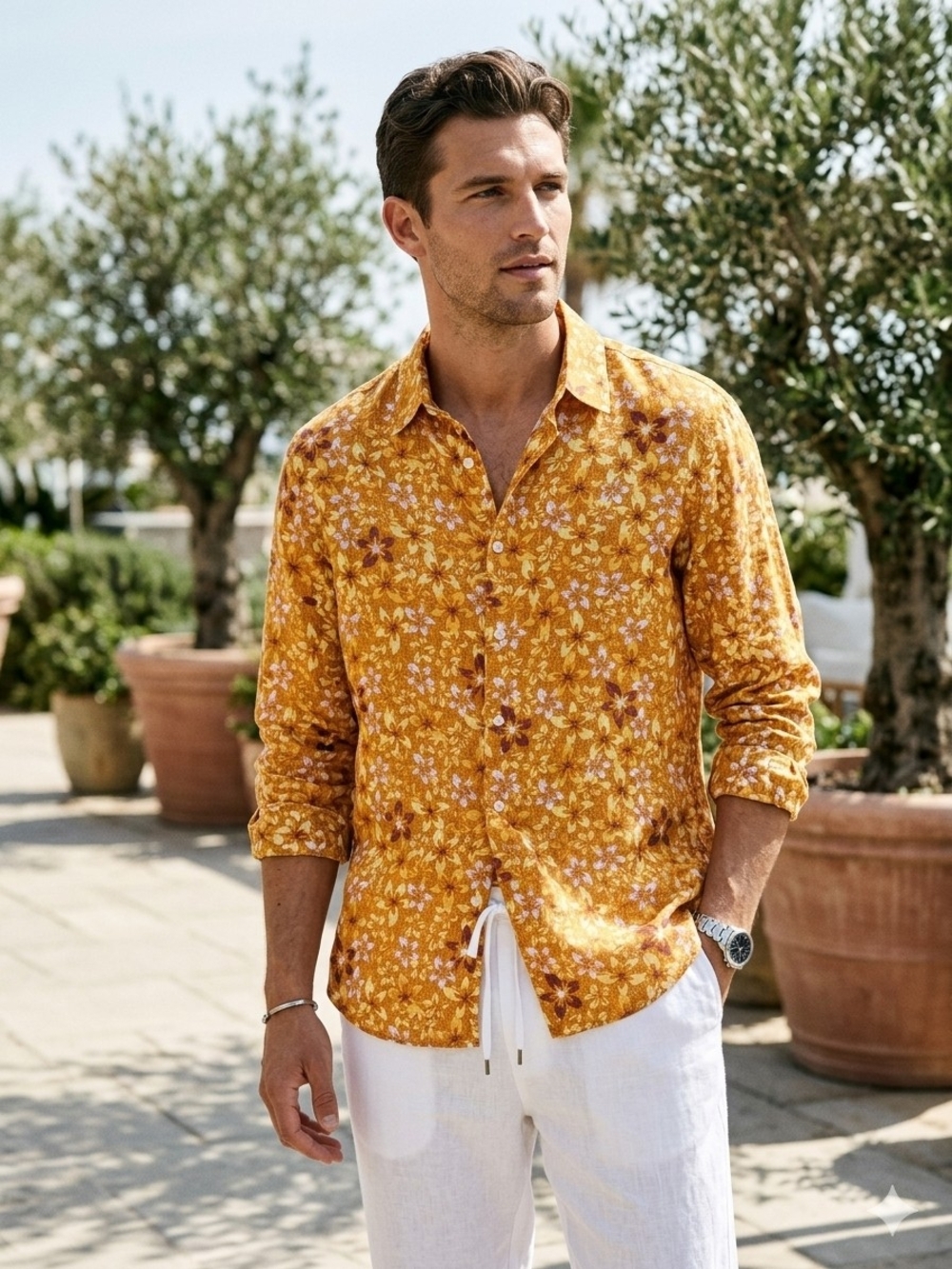 Club Room Linen Long Sleeve Shirt Bright Floral Print